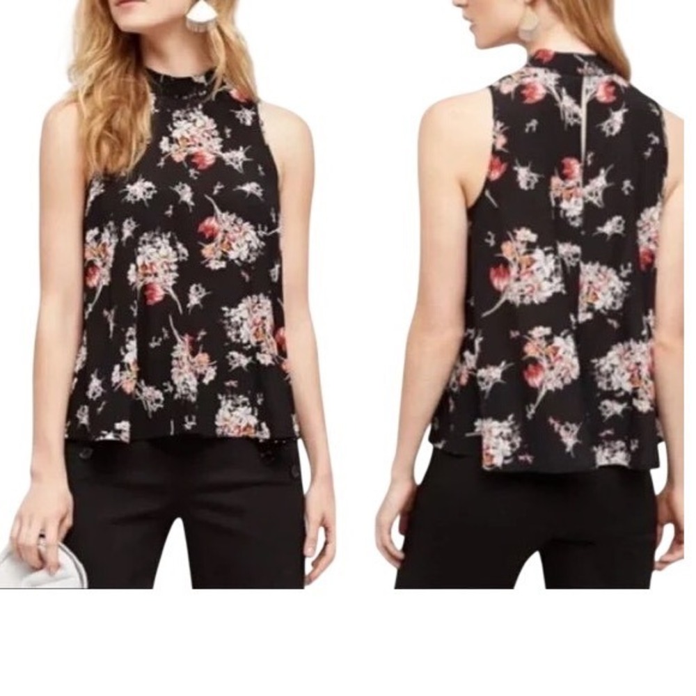 Maeve Anthropologie Black‎ Floral 100% Silk Sleeveless Swing Top S Boho fairy